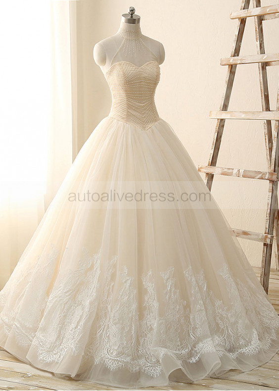 Champagne Tulle Lace Halter Neck Ball Gown Wedding Dress